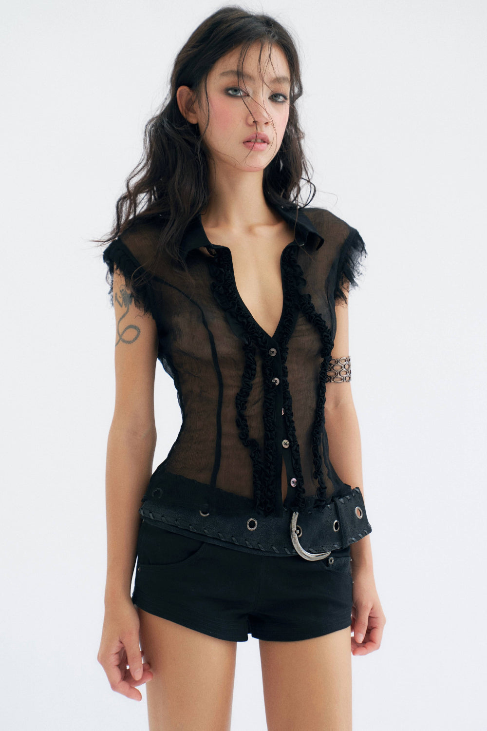 Sheer Ruffle Button-Up Top