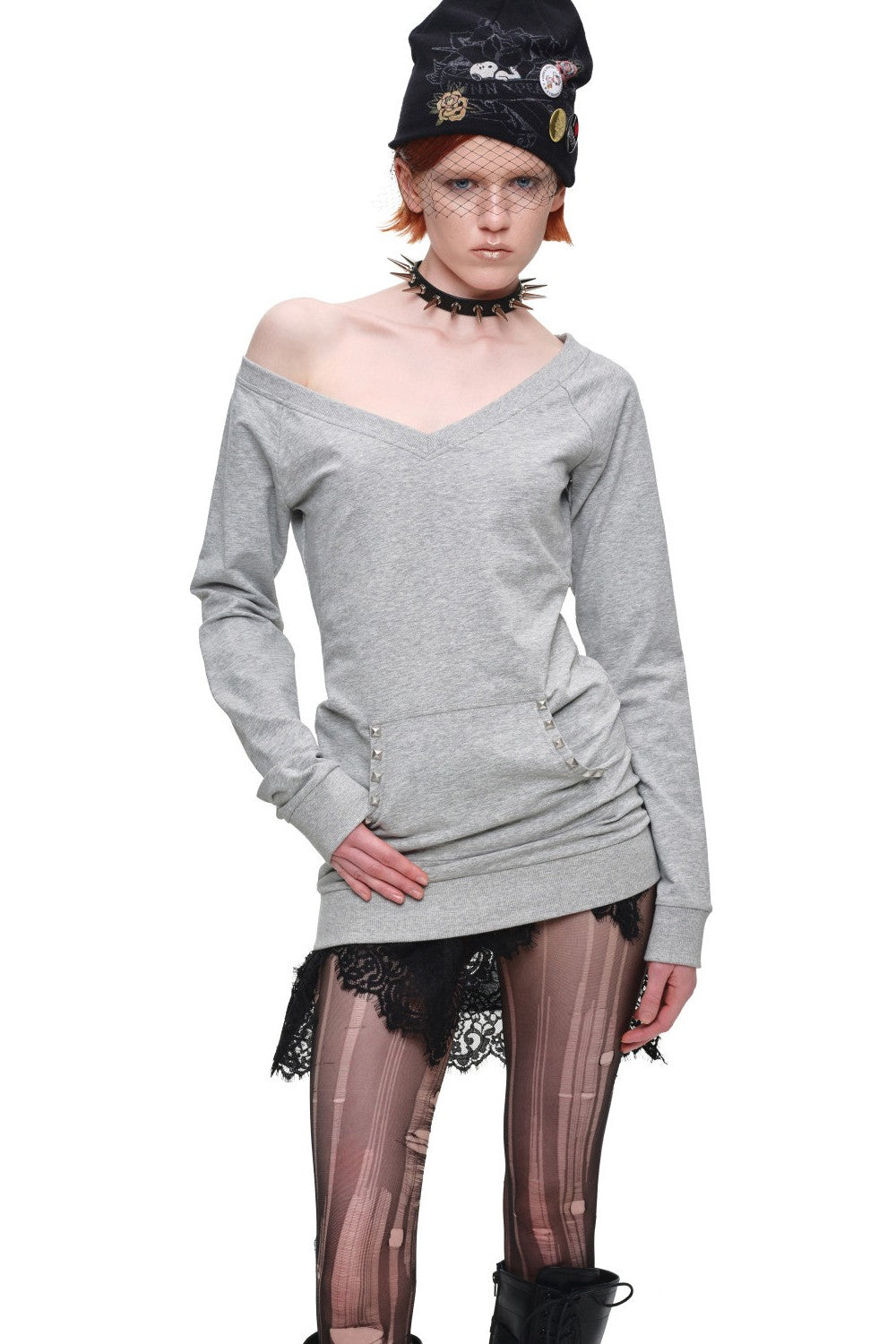 Off-Shoulder Studded V-Neck Sweatshirt