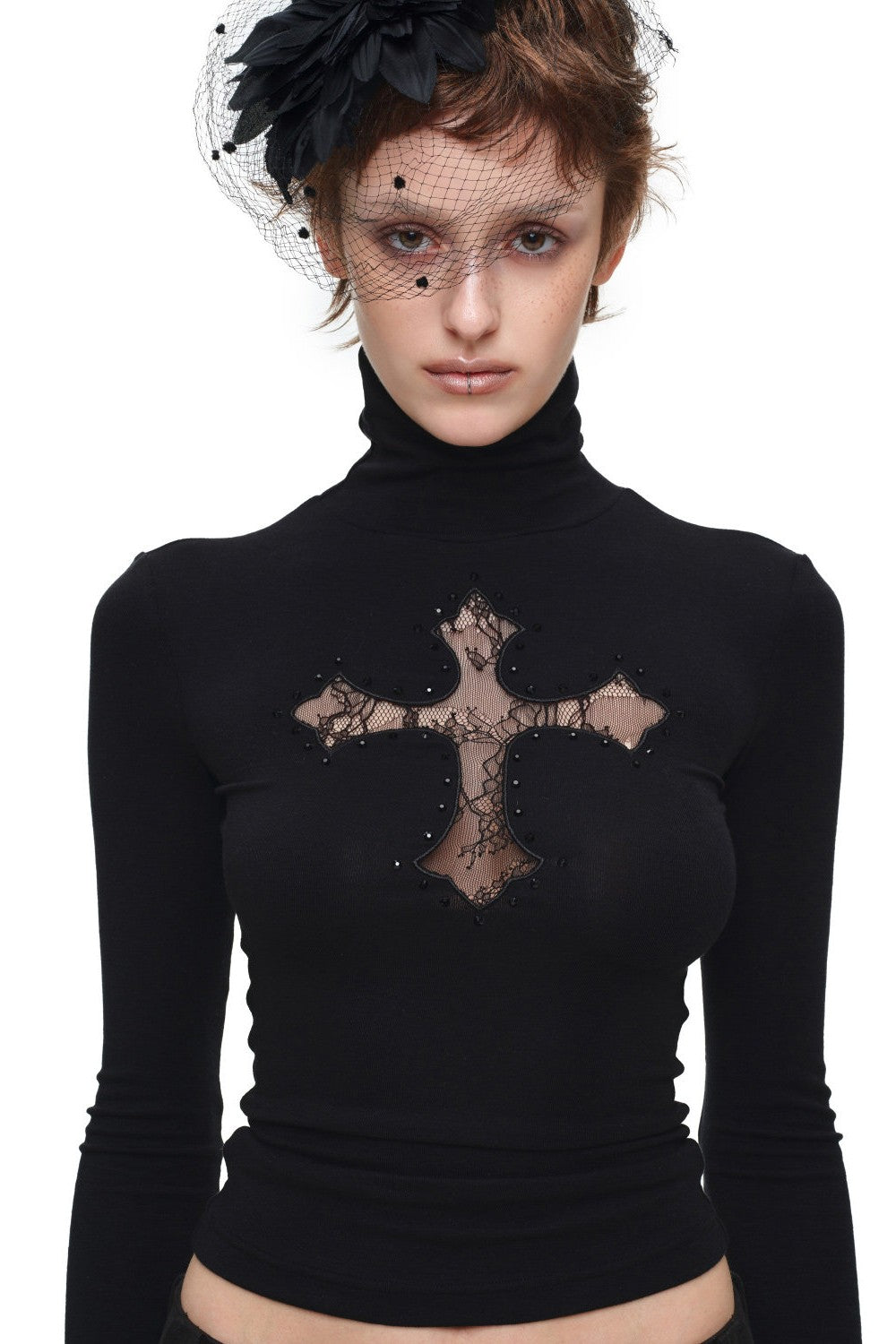 Lace Cross Turtleneck Top