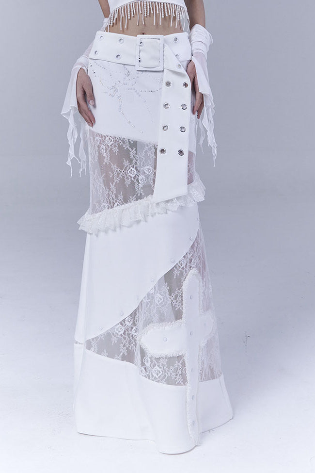 White Lace Belted Cross Skirt