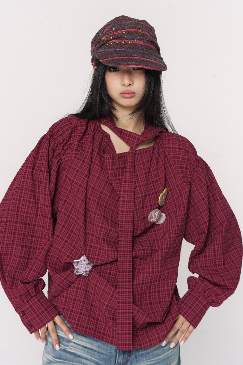 Oversized Plaid Ribbon Shirt